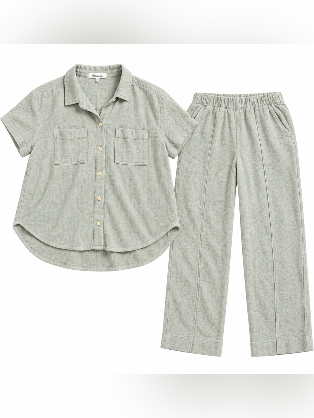 Madewell Sage Green Gauze Button-Up Shirt & Pants Matching Set Size Medium